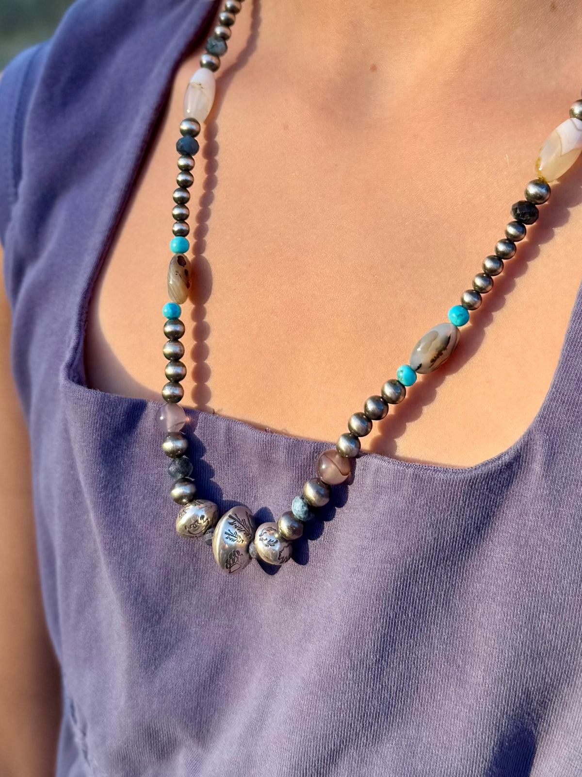 Handmade Montana Agate Sapphire and Kingman turquoise necklace from the Donnalee Silver Montana Collection