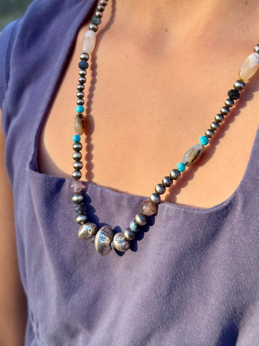 Handmade Montana Agate Sapphire and Kingman turquoise necklace from the Donnalee Silver Montana Collection