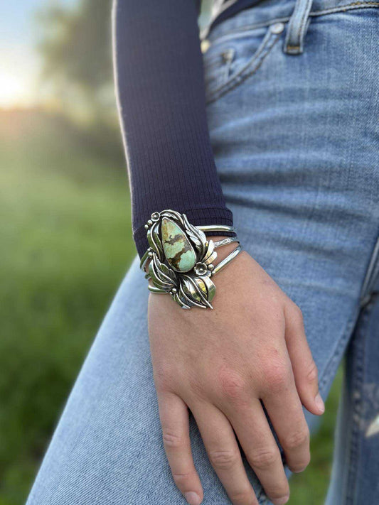 Stone cuff bracelet showing size and proportions on wrist