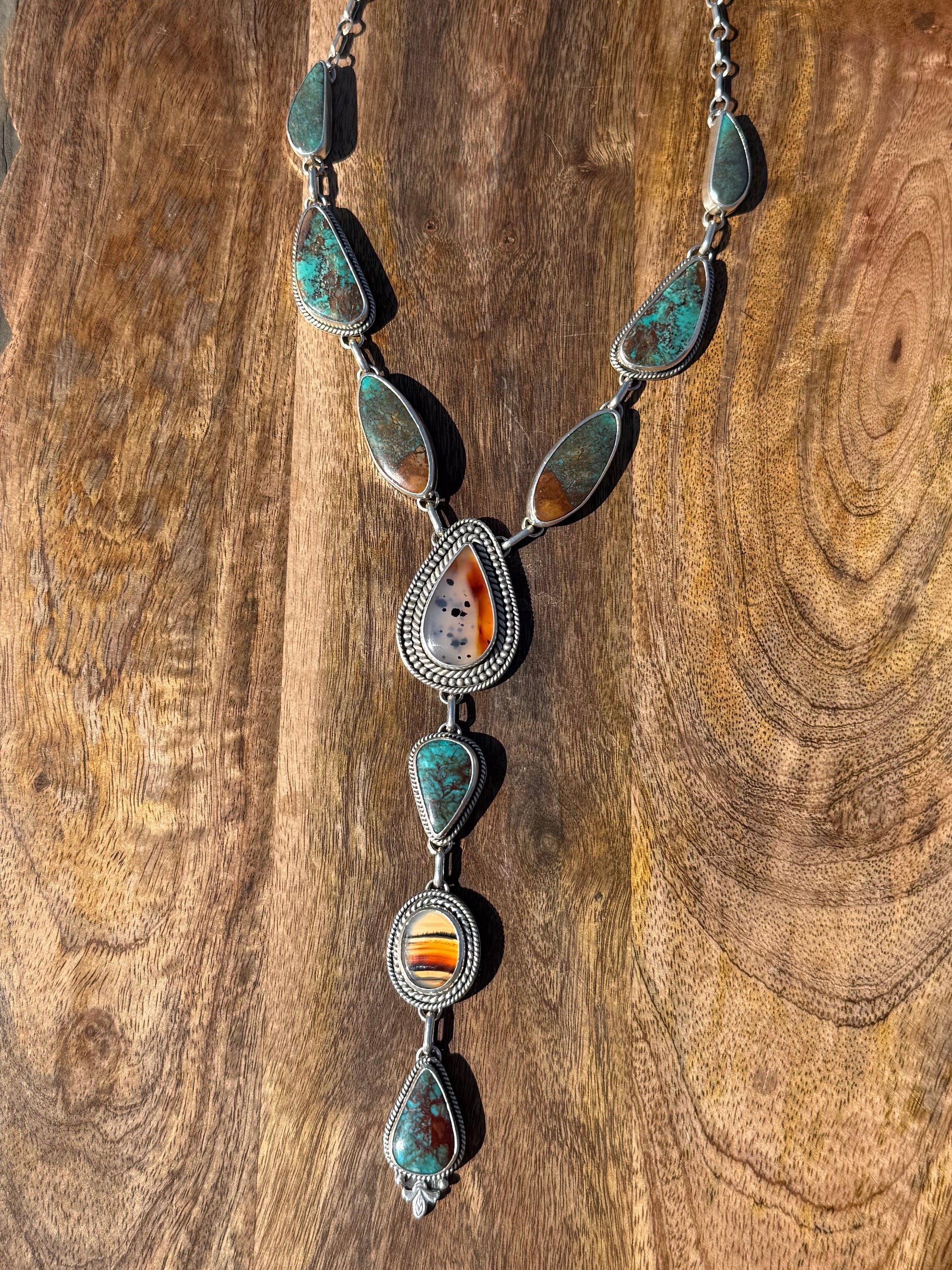 One-of-a-kind Royston turquoise and Montana agate sterling silver necklace with 6.75 inch drop