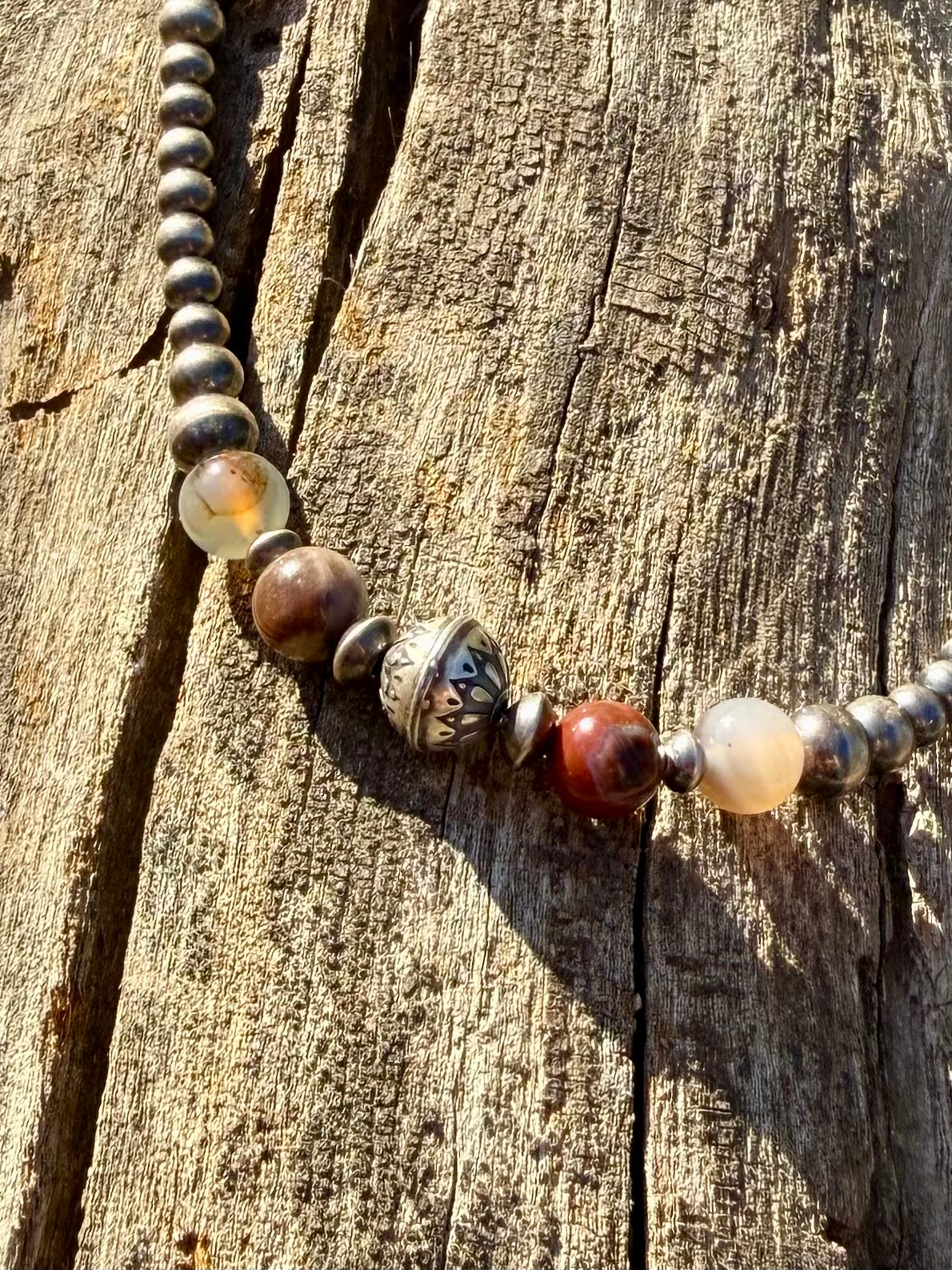 Montana agate and petrified wood beads with oxidized sterling silver pearls in handmade Western necklace