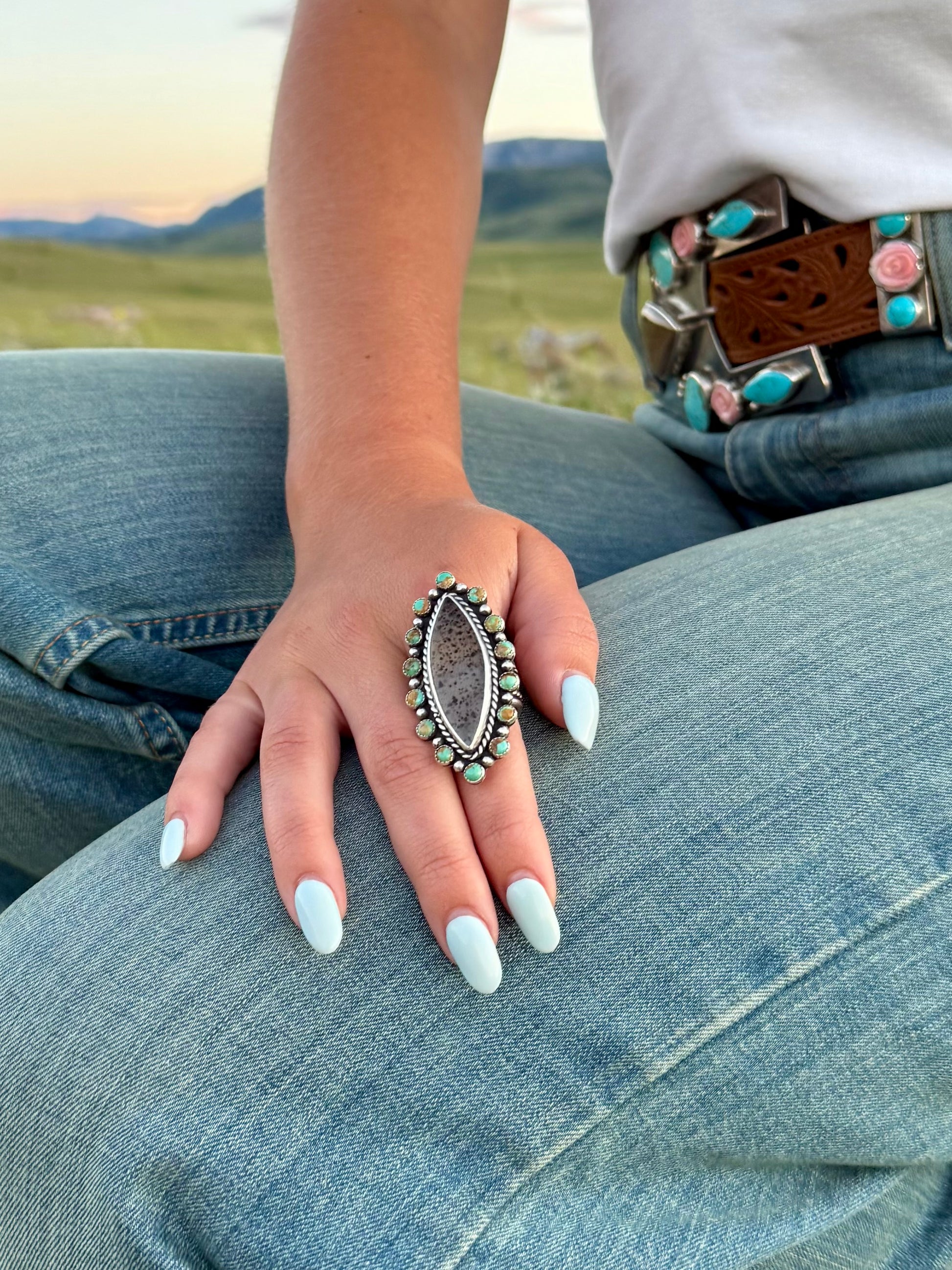 One-of-a-kind Montana Agate statement ring surrounded by Kingman Turquoise in sterling silver, size 9.