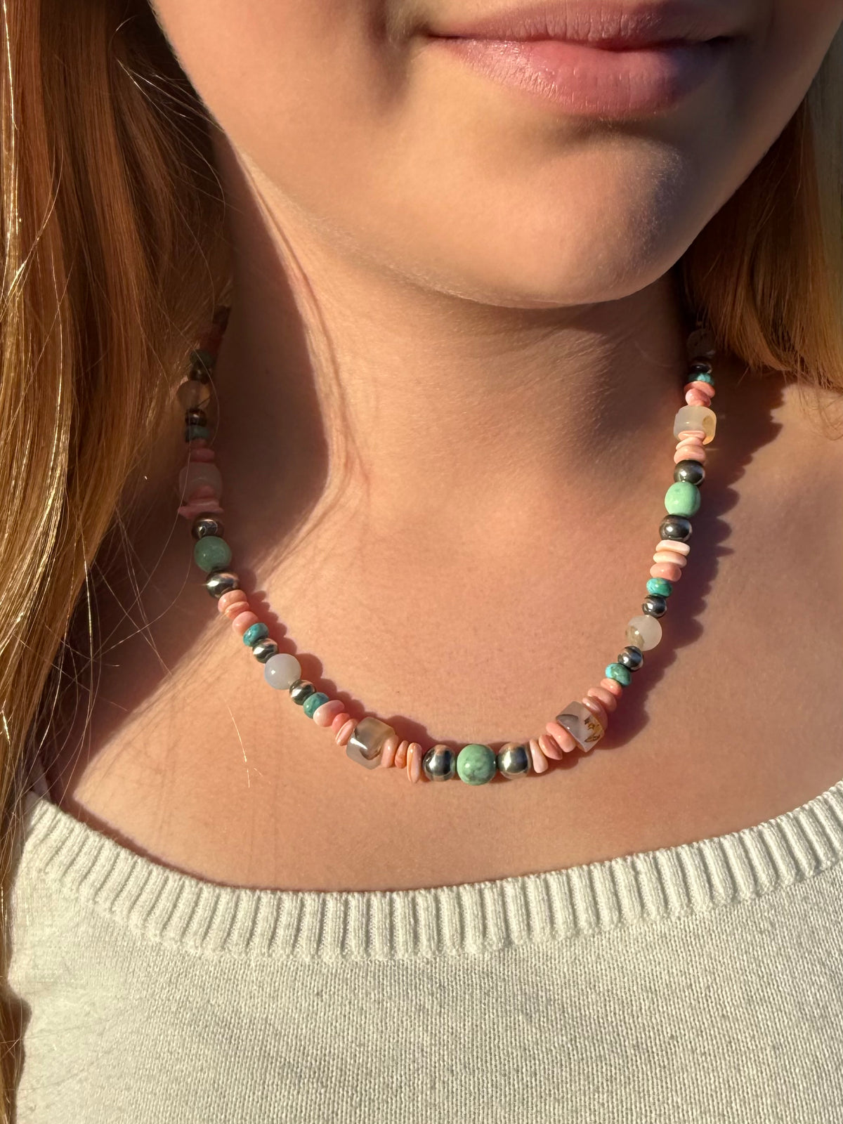 Montana Agate Kingman turquoise Variscite Pink Conch and sterling silver pearl beaded necklace handmade by Donnalee Silver