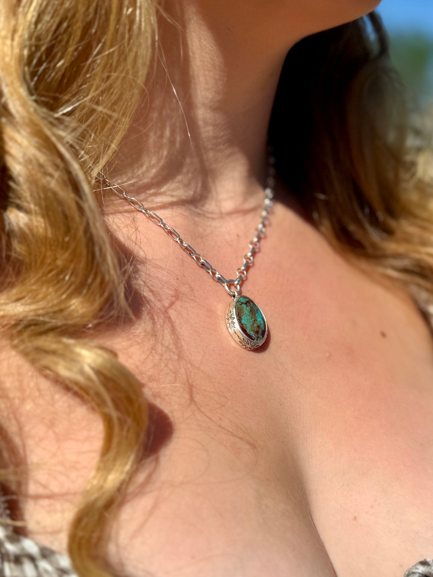 Chunky turquoise necklace with sterling silver Royston turquoise pendant worn on model, bold western boho statement jewelry