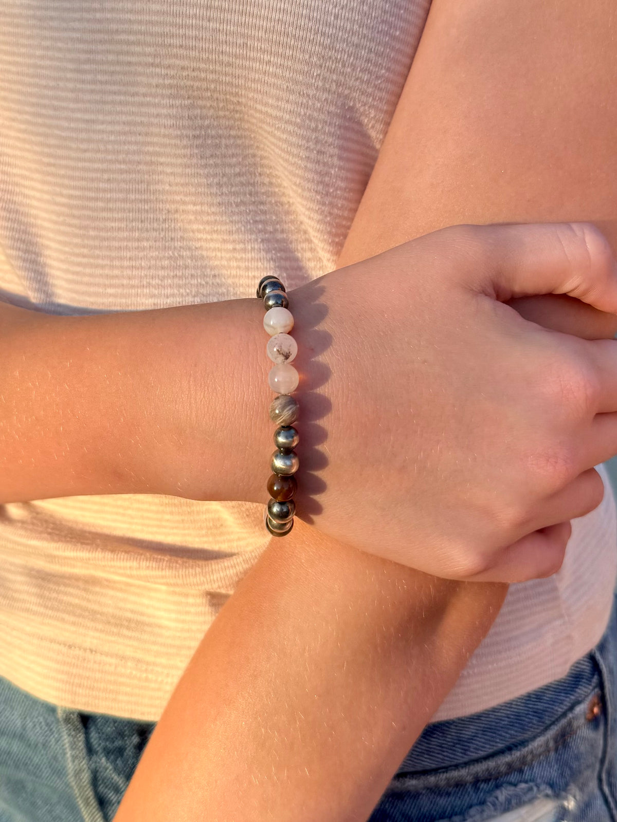 Montana Agate and Petrified Wood beaded bracelet with sterling silver pearls handmade by Donnalee Silver