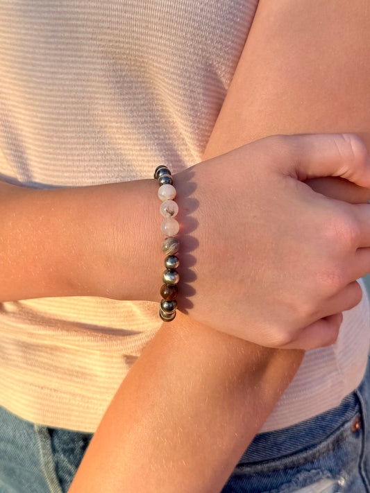 Montana Agate and Petrified Wood beaded bracelet with sterling silver pearls handmade by Donnalee Silver
