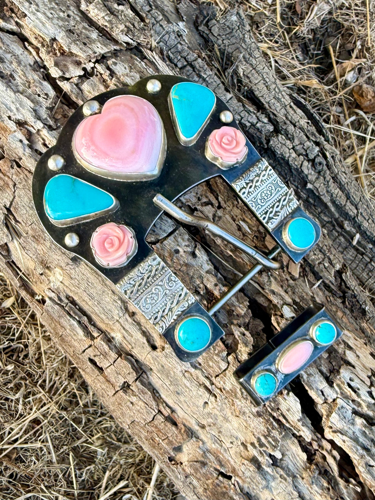 Kingman and Royston turquoise belt buckle with carved Pink Conch, sterling silver details and matching belt keeper by Donnalee Silver