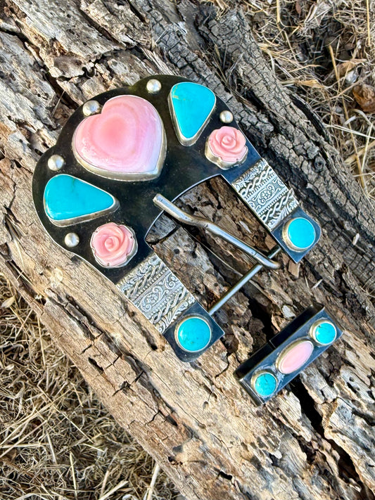 Kingman and Royston turquoise belt buckle with carved Pink Conch, sterling silver details and matching belt keeper by Donnalee Silver