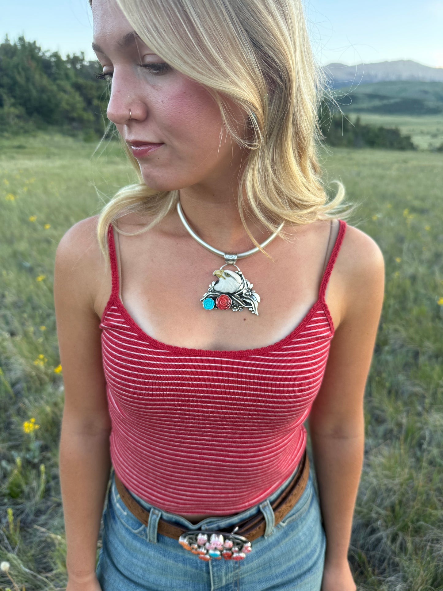 American Eagle Pendant | Laura Mears Porcelain Eagle, Kingman Turquoise & Red Spiny Oyster | Montana Collection