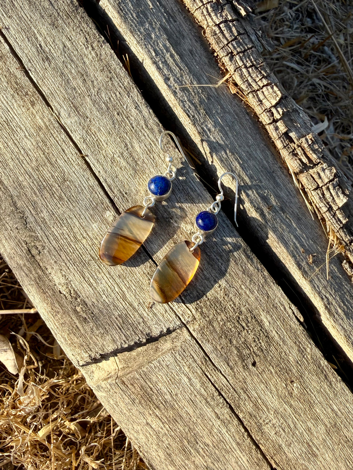 Handmade Montana Agate and Lapis Lazuli sterling silver dangle earrings by Donnalee Silver