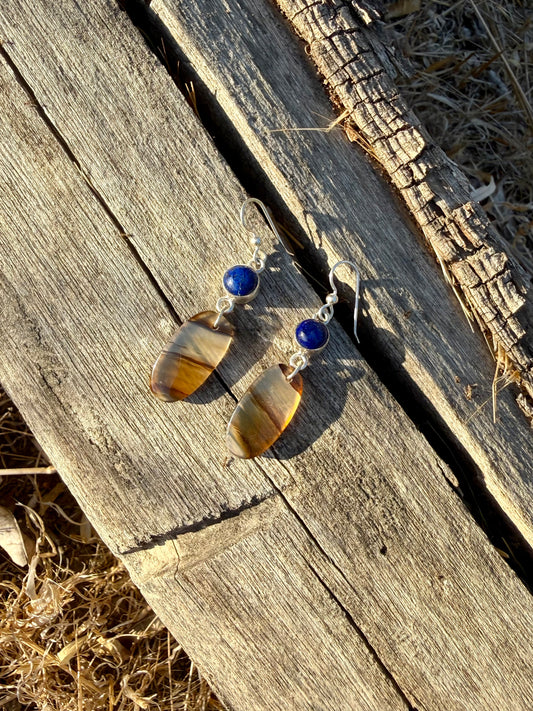 Handmade Montana Agate and Lapis Lazuli sterling silver dangle earrings by Donnalee Silver