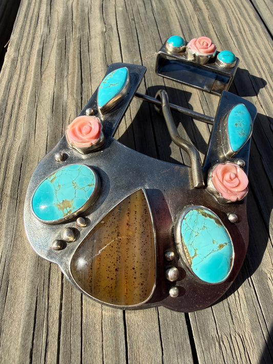 Montana Agate, Kingman Turquoise & Pink Conch Belt Buckle with Matching Keeper | Montana Collection