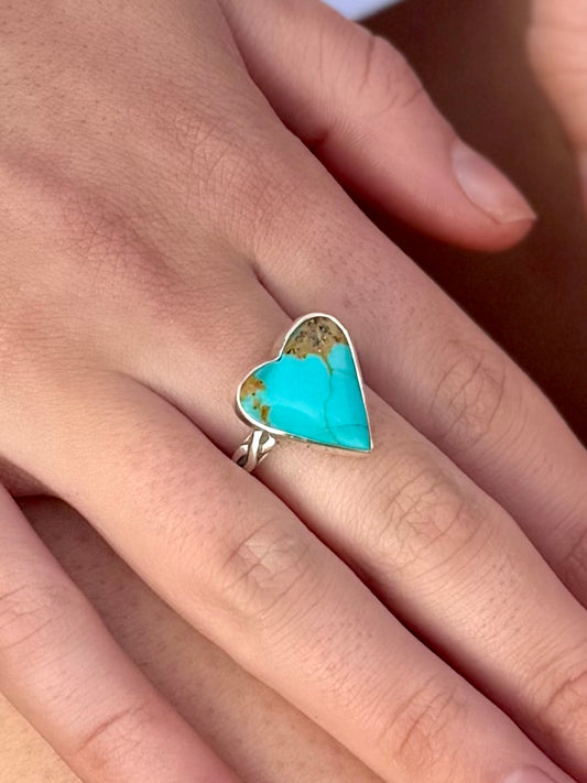 Royston blue turquoise heart ring in sterling silver with vibrant blue stone
