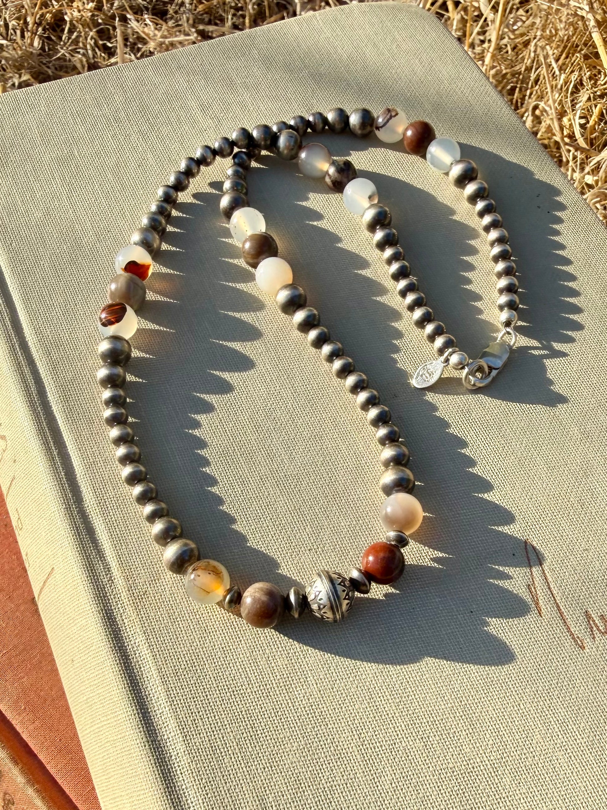 Handmade Montana agate and petrified wood necklace with sterling silver pearls from the Donnalee Silver Montana Collection