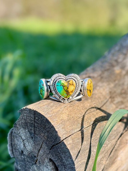 Hubei turquoise heart cuff bracelet in sterling silver with blue green stone