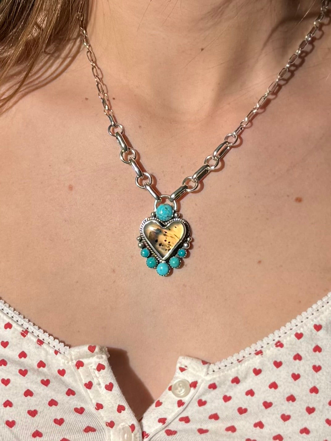 Montana agate and Kingman turquoise heart necklace in sterling silver with earthy and blue tones