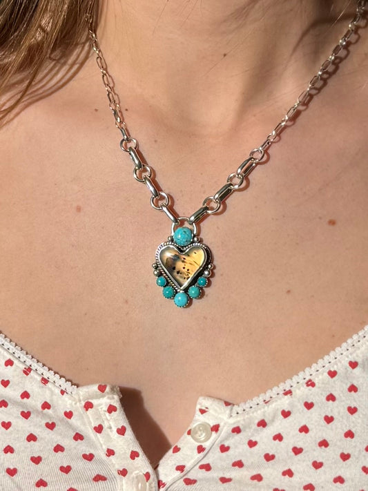 Montana agate and Kingman turquoise heart necklace in sterling silver with earthy and blue tones