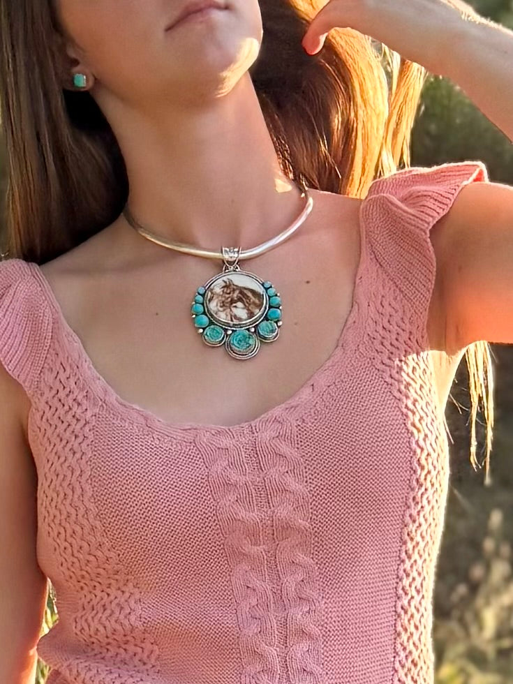 Turquoise horse necklace worn, western boho style statement jewelry