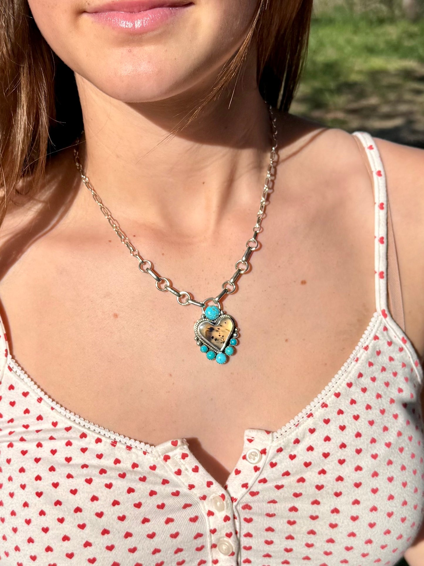 Heart pendant necklace showing size and proportions when worn