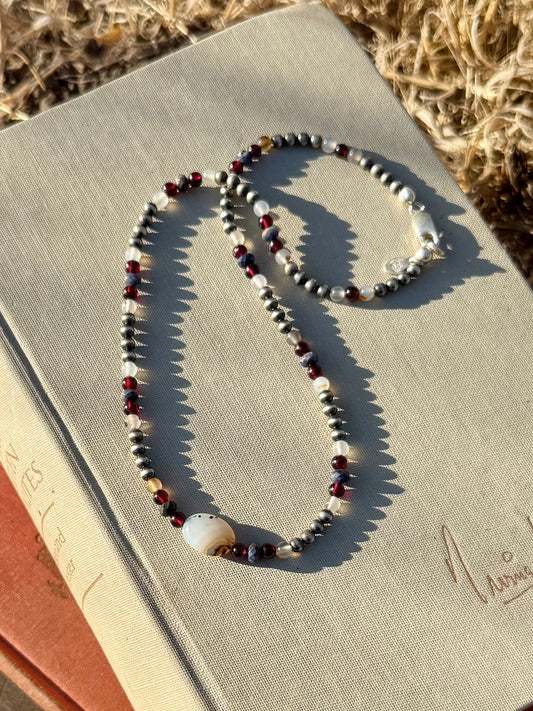 One of a kind Montana agate garnet sapphire and sterling silver pearl necklace from the Montana Collection