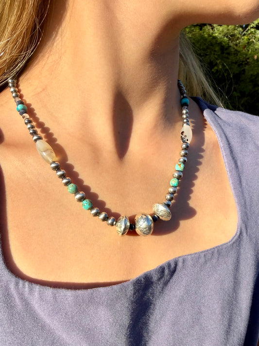 Montana Agate Sapphire and Kingman turquoise necklace with handmade stamped sterling silver pearls by Donnalee Silver