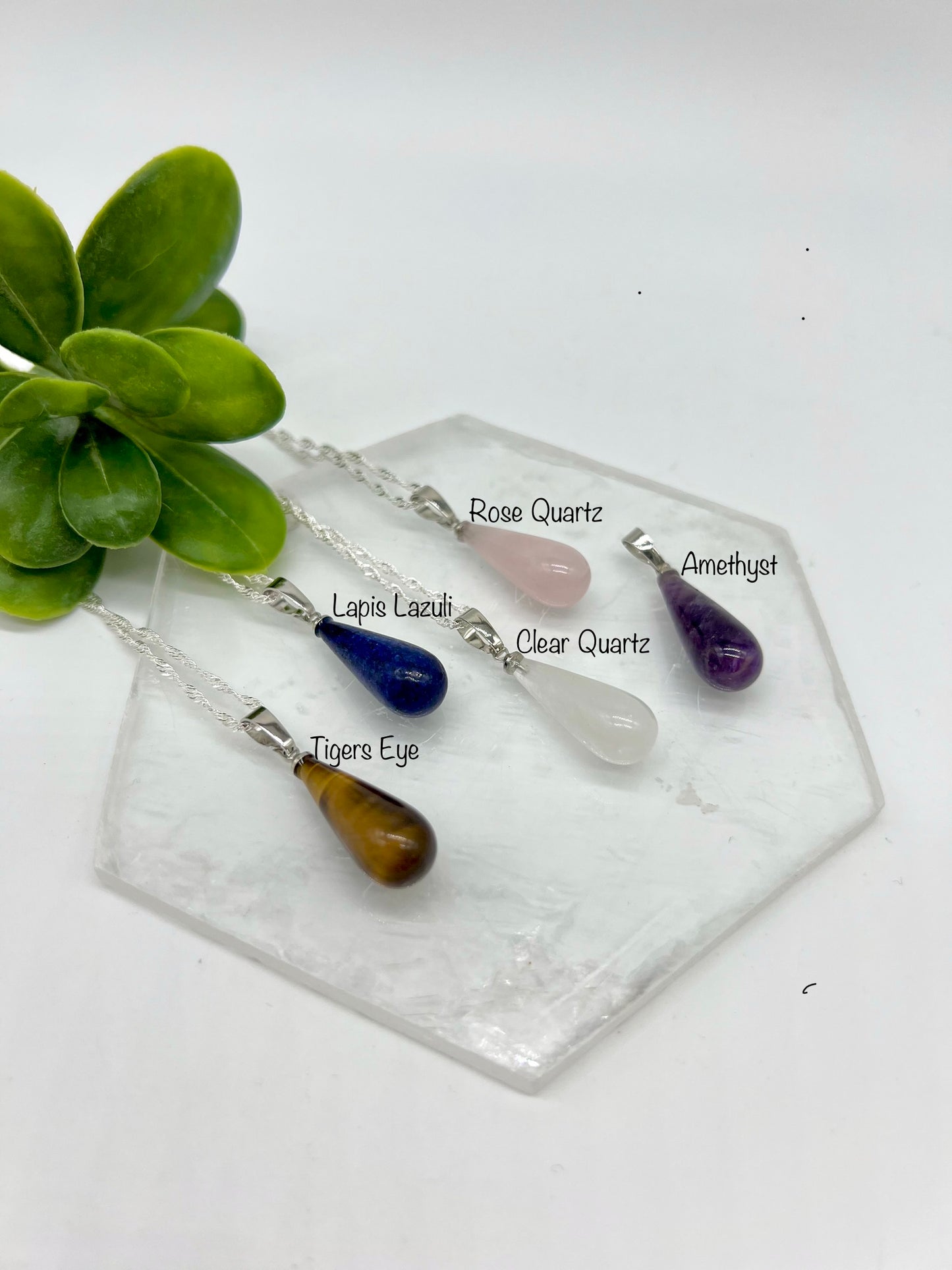 Long Tear drop Necklace - Tiger Eye, Amethyst, Rose Quartz, Lapis Lazuli, Clear Quartz