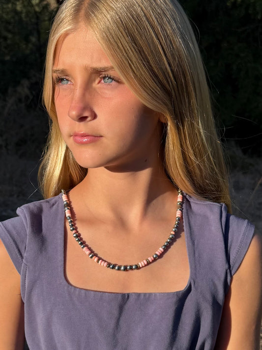 Pink Conch and Montana Agate beaded necklace with oxidized sterling silver pearls handmade by Donnalee Silver