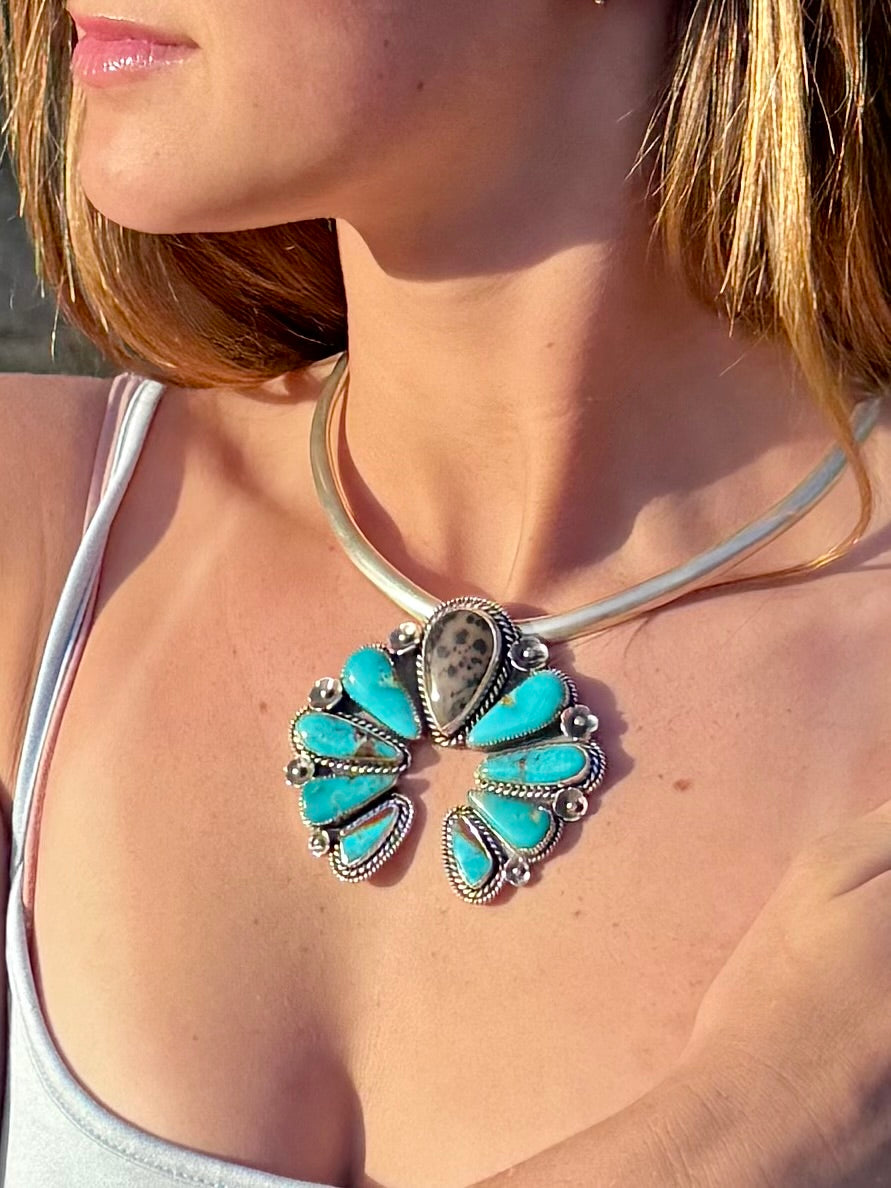 Naja Statement Pendant – Cheetah Agate, Royston Turquoise & Sterling Silver | One of a Kind