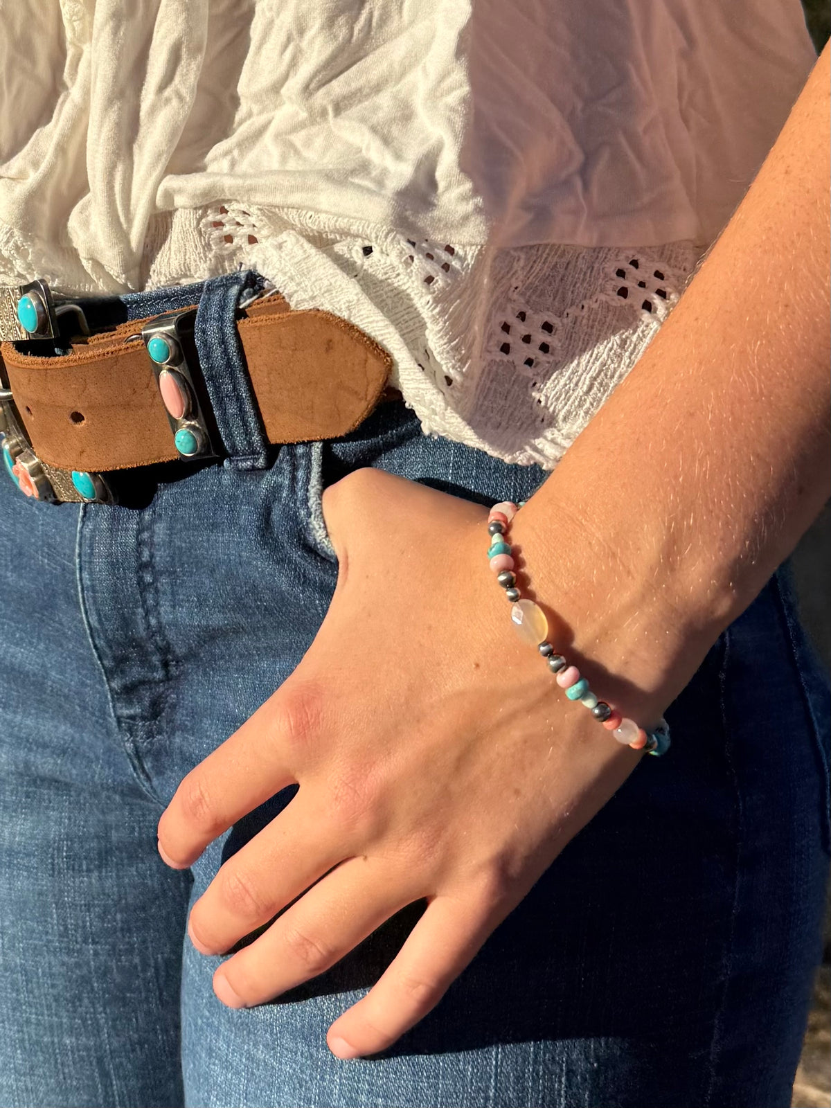 Montana Agate, Kingman Turquoise & Pink Conch Sterling Silver Bracelet | Montana Collection