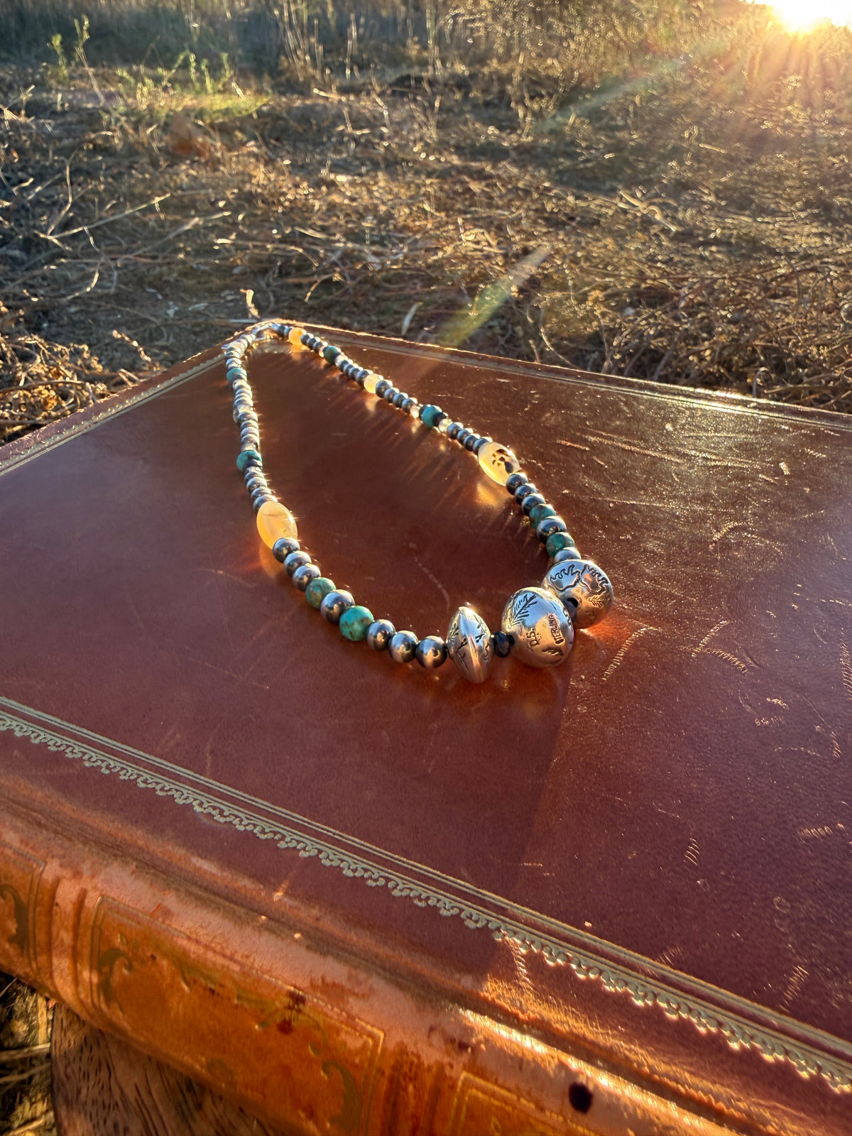 Montana Agate, Sapphire & Kingman Turquoise Necklace with Hand-Stamped Silver Pearls | Montana Collection