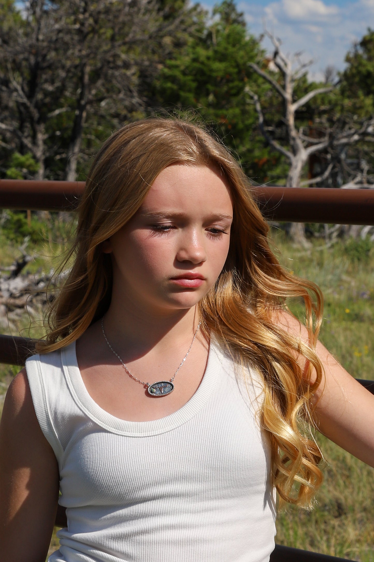 Hand Engraved Kingman Turquoise & Copper Longhorn Bar Necklace | Montana Collection
