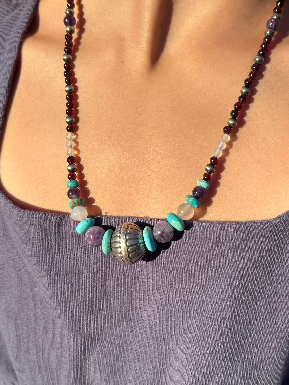 Montana Agate, Garnet, Amethyst & Kingman Turquoise Beaded Necklace | Montana Collection
