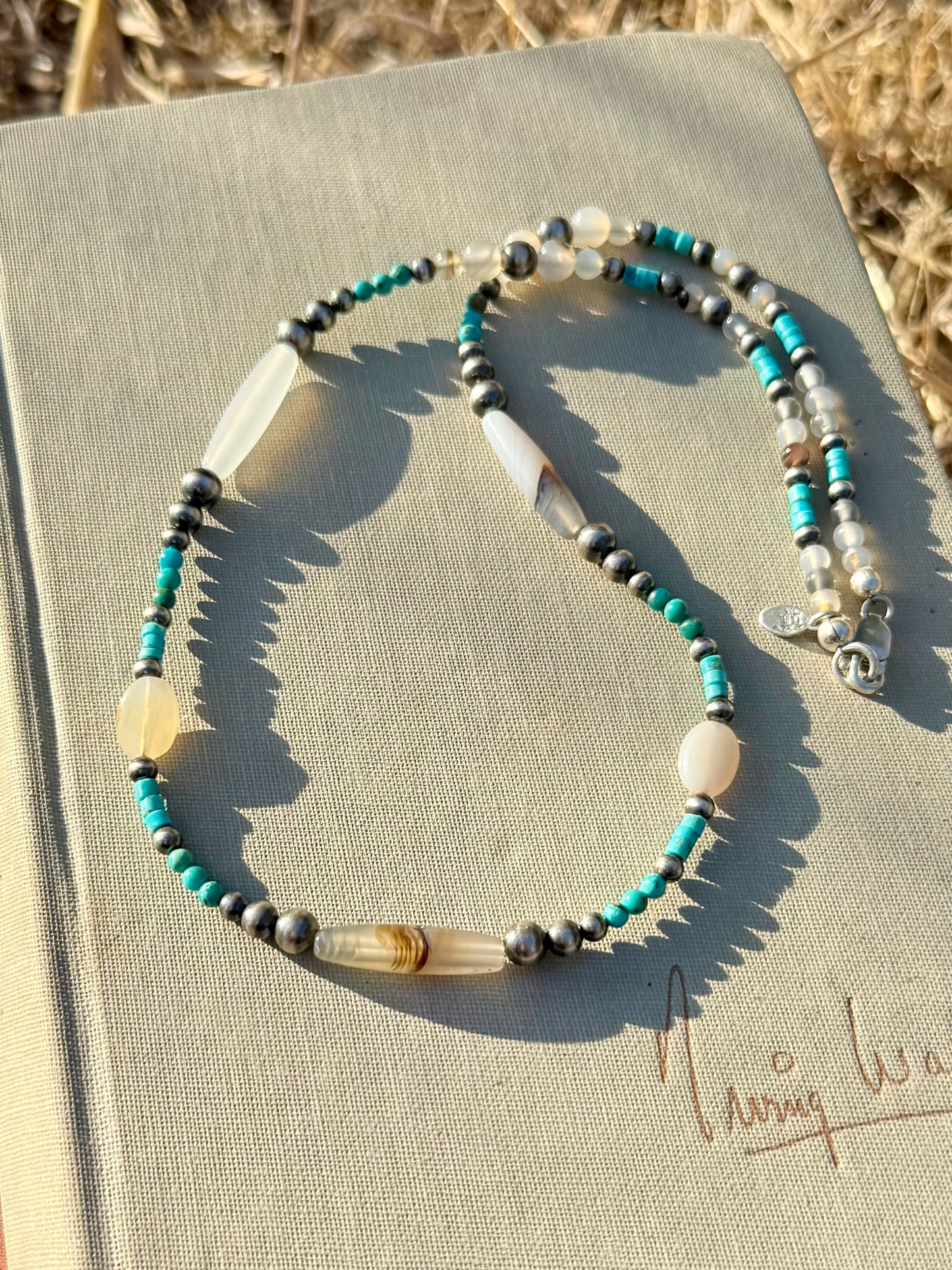 One of a kind Montana agate Kingman turquoise and sterling silver pearl necklace by Donnalee Silver
