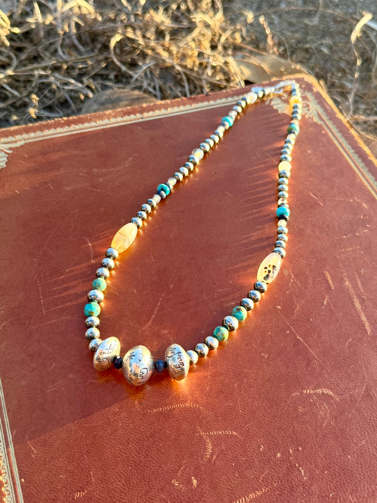 Montana Agate, Sapphire & Kingman Turquoise Necklace with Hand-Stamped Silver Pearls | Montana Collection