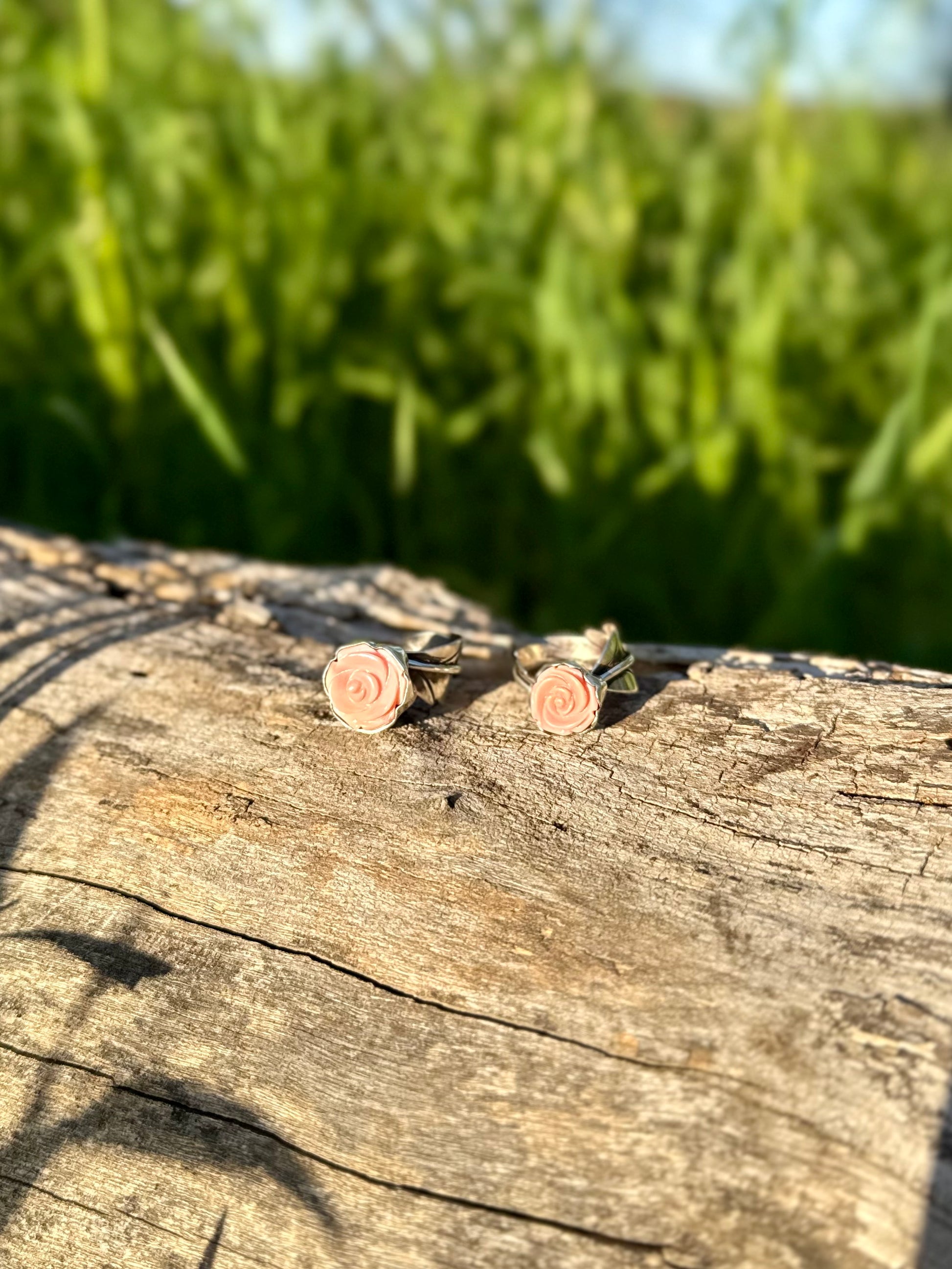 Pink conch rose leaf ring in sterling silver with soft blush pink stone and floral design shown together