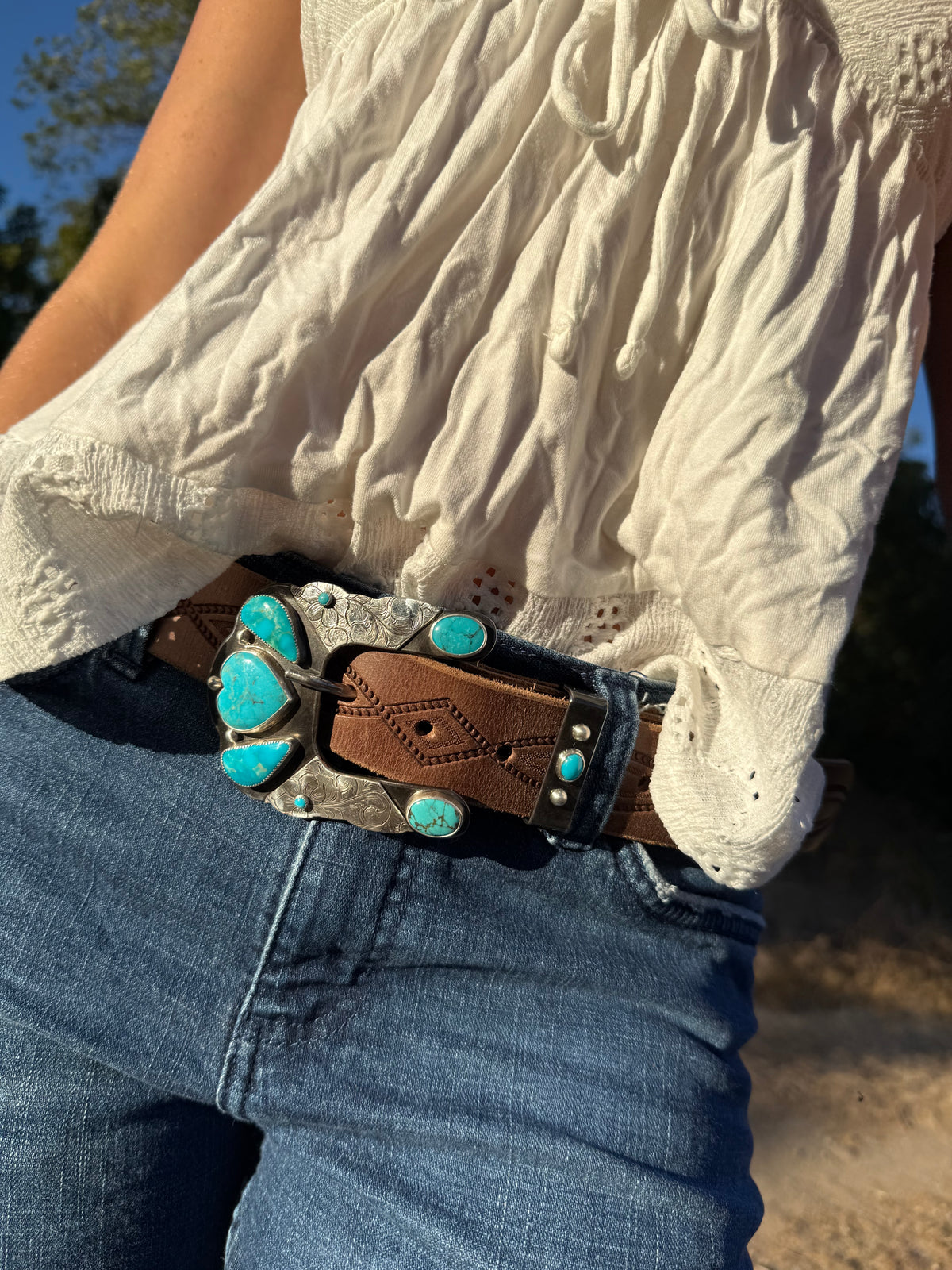 Hand Engraved Kingman Turquoise Belt Buckle & Keeper | Montana Collection