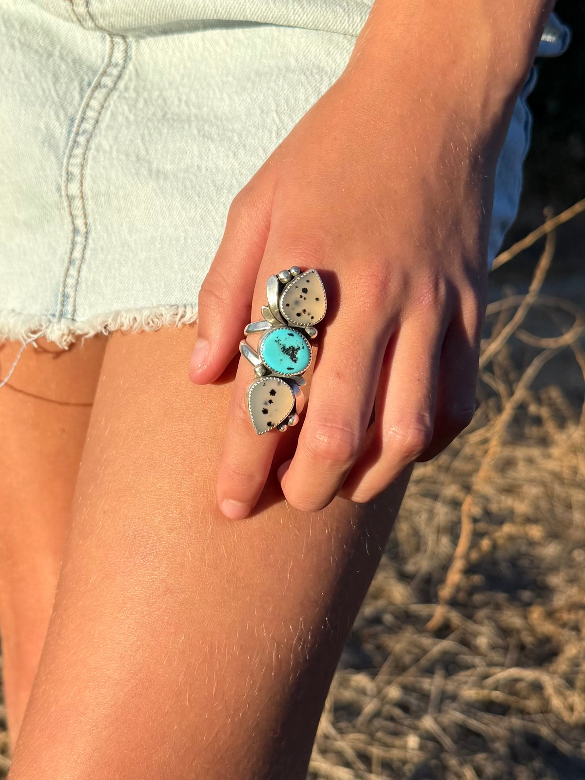 Montana Agate & Kingman Turquoise Crawler Ring | Sterling Silver | Montana Collection