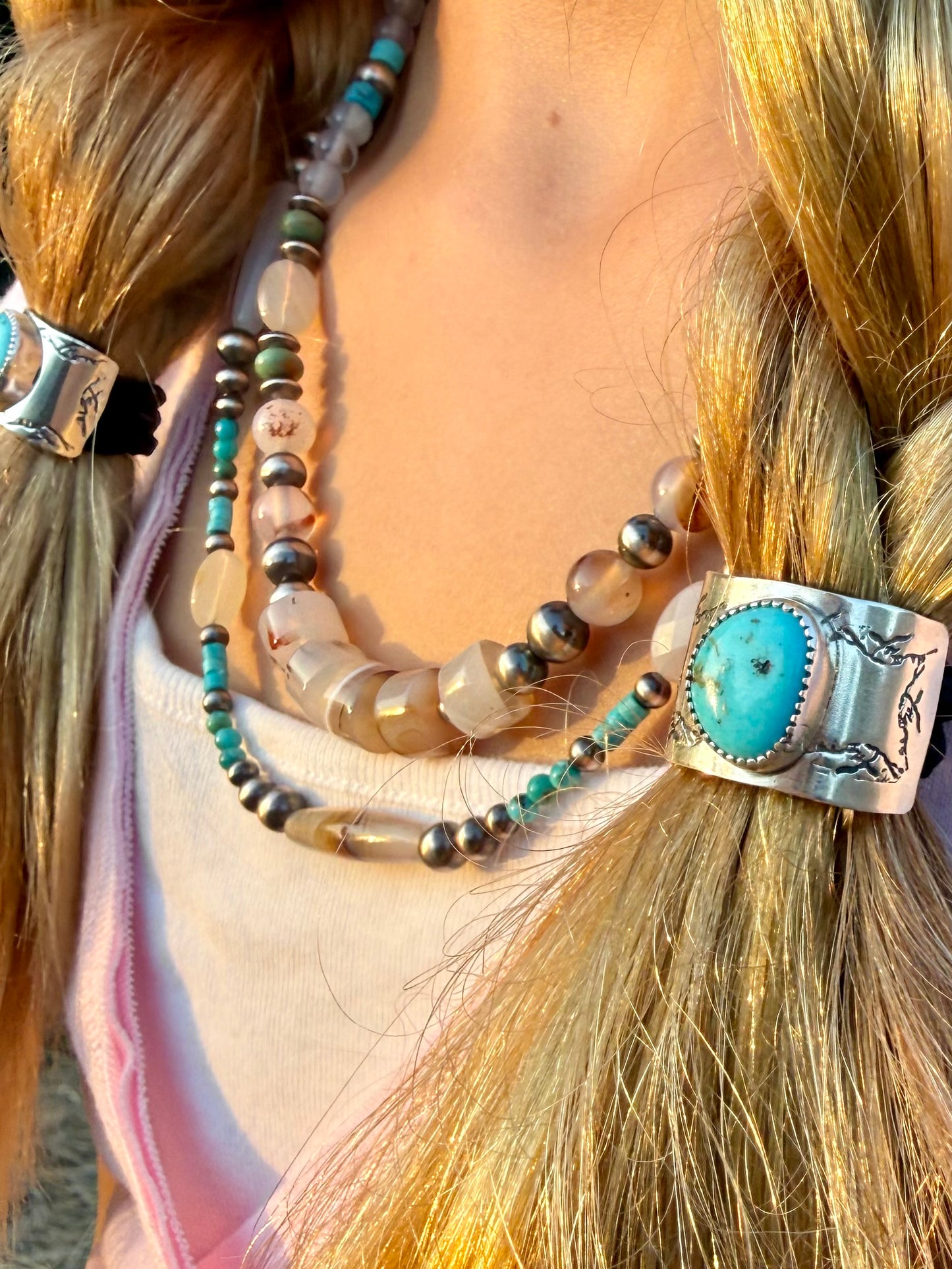 Montana Agate, Kingman Turquoise & Sterling Silver Pearl Beaded Necklace | Montana Collection