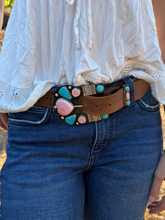Kingman Turquoise, Royston & Pink Conch Belt Buckle with Keeper | Montana Collection