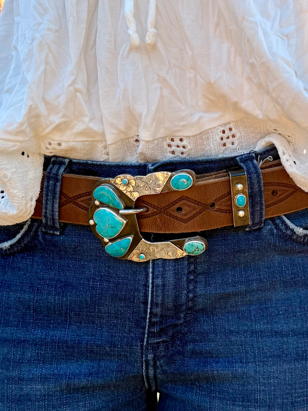 Hand Engraved Kingman Turquoise Belt Buckle & Keeper | Montana Collection