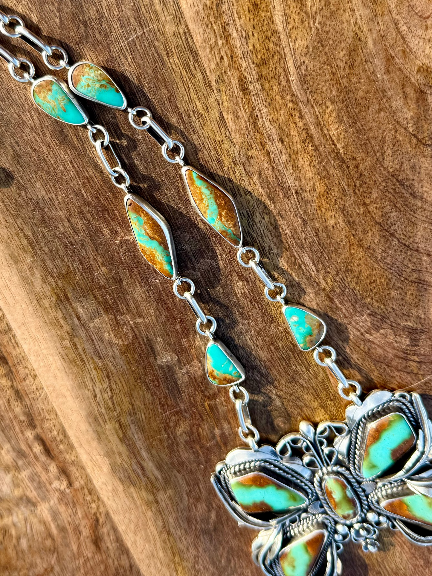 Royston Ribbon Turquoise Butterfly Necklace – Hand Forged Sterling Silver