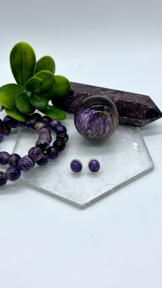 Charoite Oval Earrings - Intuition, Trust, Stress Relief, Calming