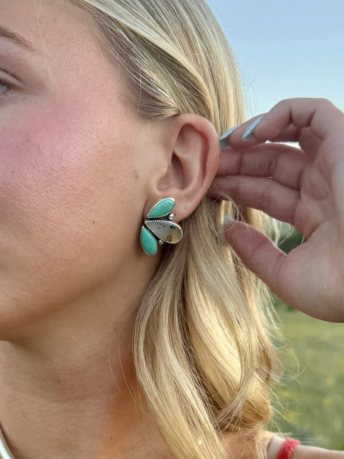 Handmade Montana Agate and Kingman turquoise three stone sterling silver earrings by Donnalee Silver