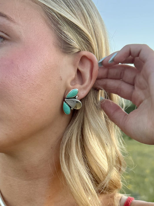 Handmade Montana Agate and Kingman turquoise three stone sterling silver earrings by Donnalee Silver