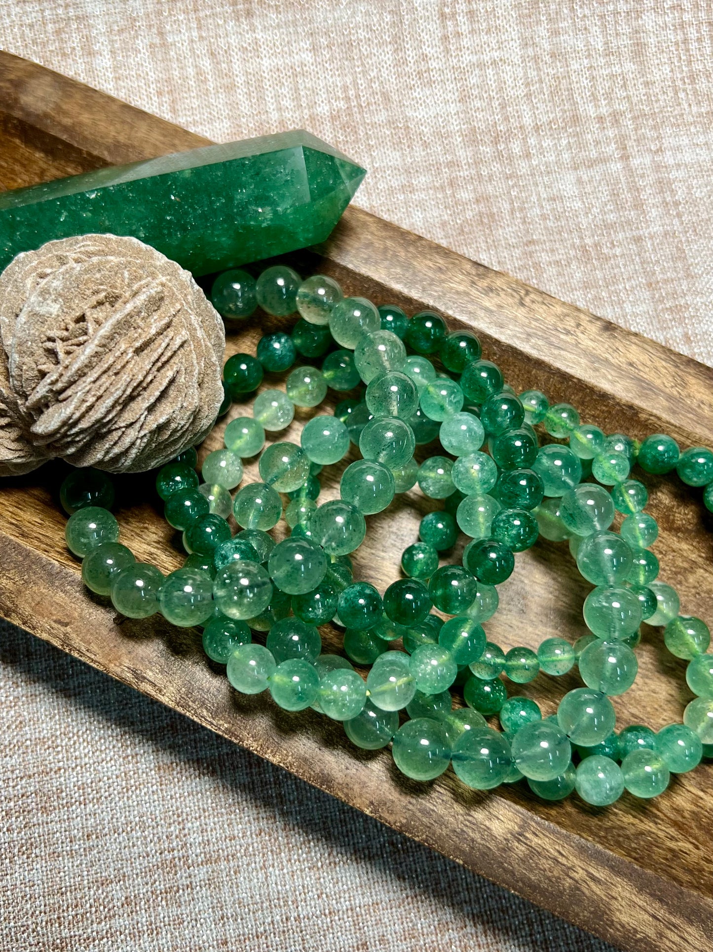 Green Strawberry Quartz Bracelet - Strong Friendships, Tranquility, Love, PTSD, Depression