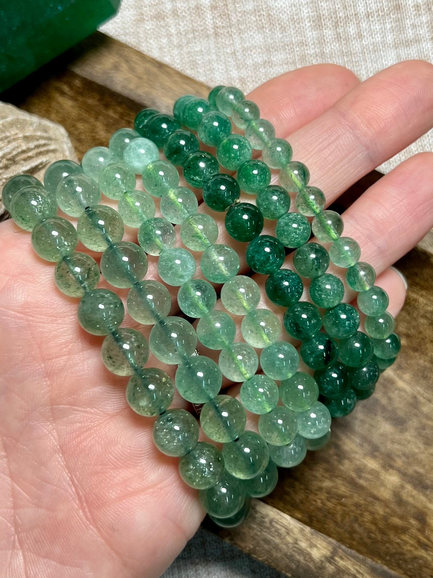 Green Strawberry Quartz Bracelet - Strong Friendships, Tranquility, Love, PTSD, Depression