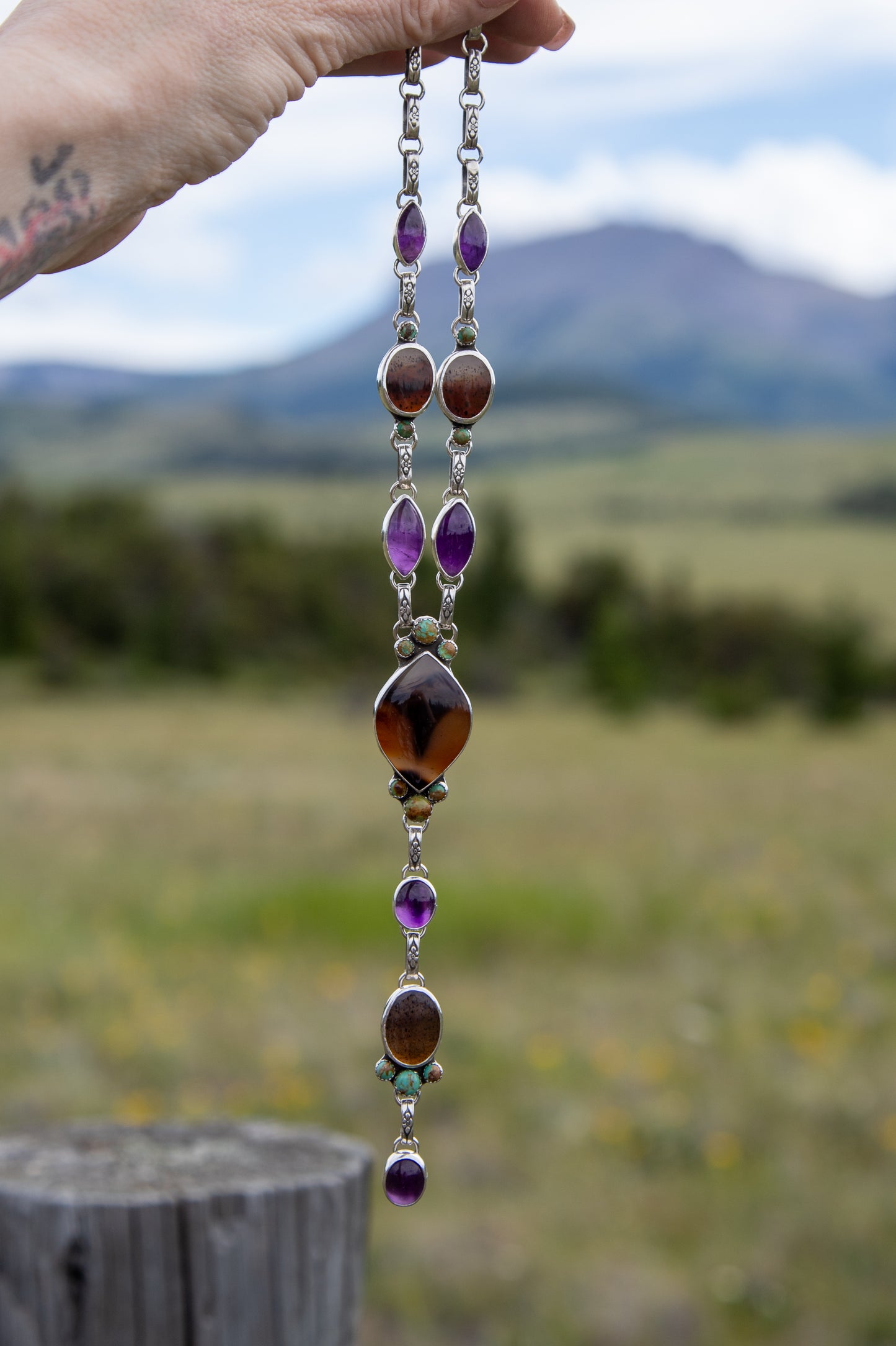 Montana Agate, Kingman Turquoise & Amethyst Lariat Necklace | Montana Collection