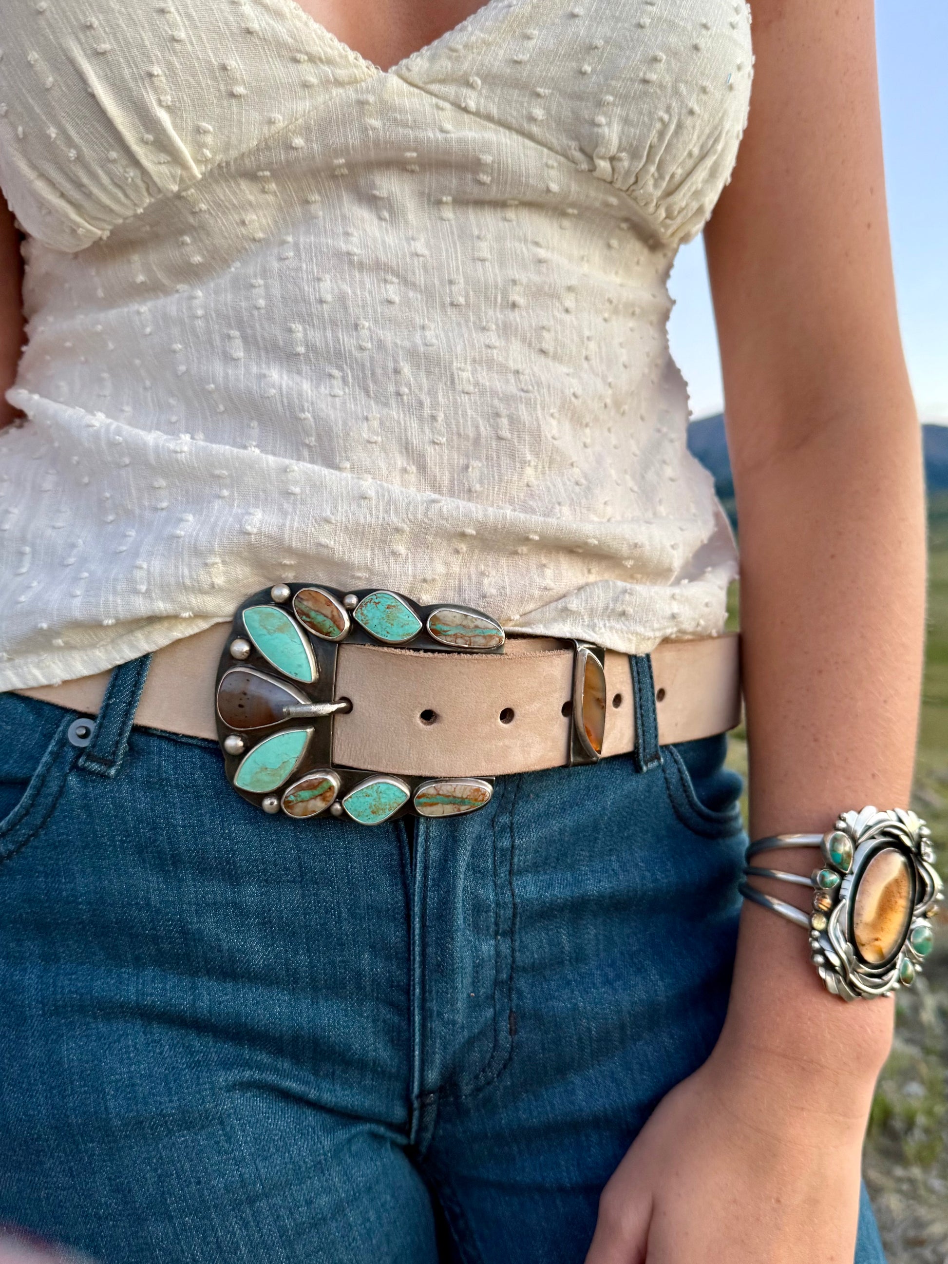 Royston Ribbon, Sonoran Mountain Turquoise and Montana Agate western belt buckle handmade by Donnalee Silver.