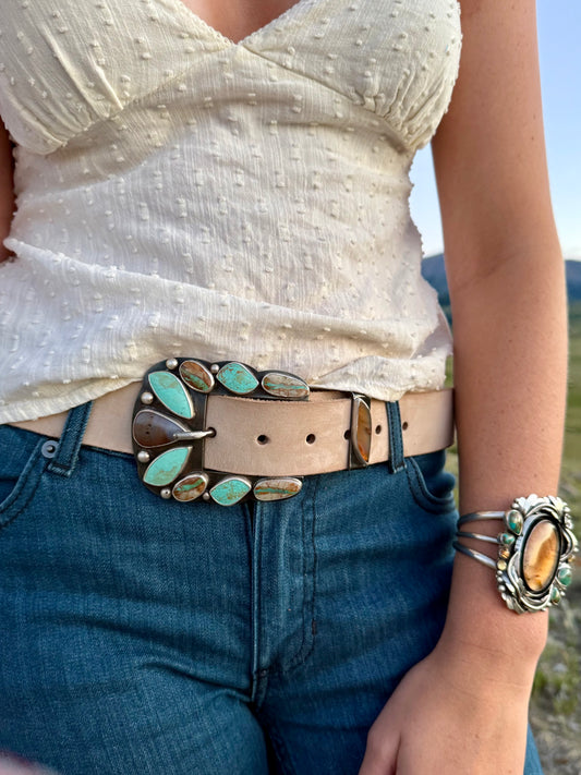 Royston Ribbon, Sonoran Mountain Turquoise and Montana Agate western belt buckle handmade by Donnalee Silver.