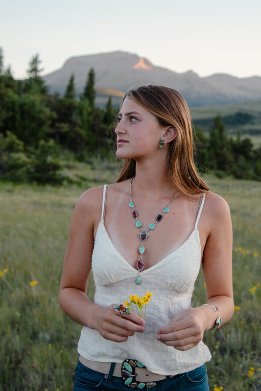 Montana Agate and Sonoran Gold Turquoise sterling silver lariat necklace from the Montana Collection by Donnalee Silver